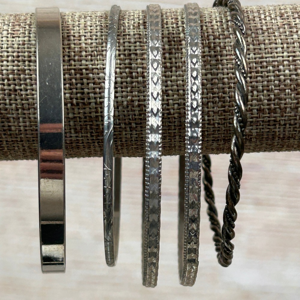 Silver Tone Bangle Bracelet Set 5pc Stacking Rope Etched Floral Flat Band Mixed